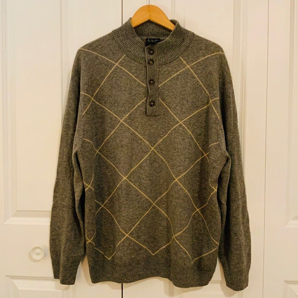 Jos. A. Bank Men’s Grey Argyle Lambs’ Wool Blend Mock Neck Sweater XL